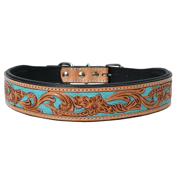 Hilason Turquoise Floral Hand Tooled Strong Genuine Leather Dog Collar Black/Tan Small