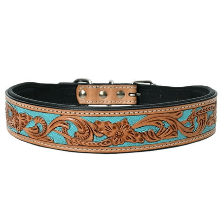 Hilason Turquoise Floral Hand Tooled Strong Genuine Leather Dog Collar Black/Tan X-Small
