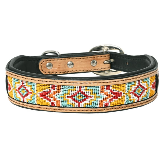 Hilason Western Beaded Hand Tooled Strong Genuine Leather Dog Collar Tan Large