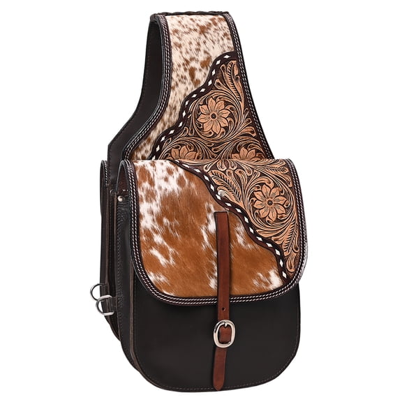 Hilason Western Horse Floral Genuine Hair-On Leather Saddle Bag Brown Heavy duty Traditional Trail Ride