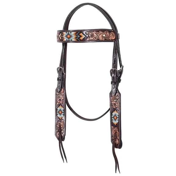 Hilason Western Horse Floral Hand Carved American Leather Headstall W/ Beaded Work Brown