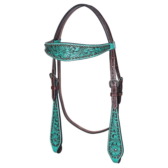 Hilason Western Horse Floral Hand Painted American Leather Headstall Turquoise