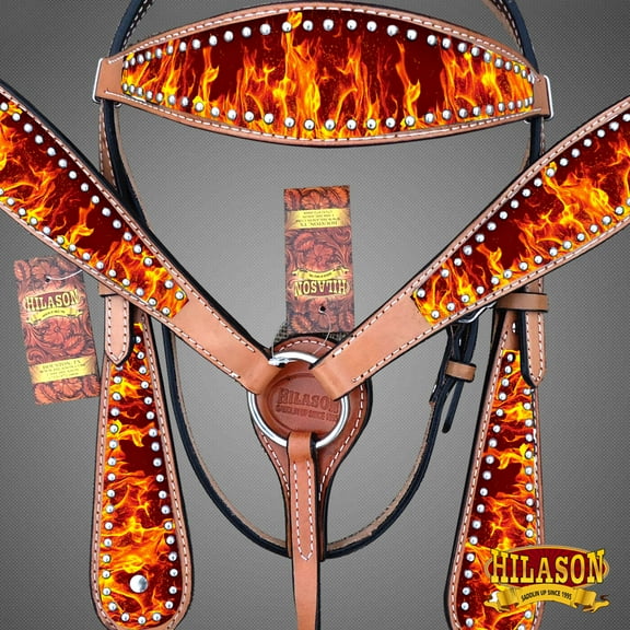 Hilason Western Horse Headstall Breast Collar Set American Leather Flame