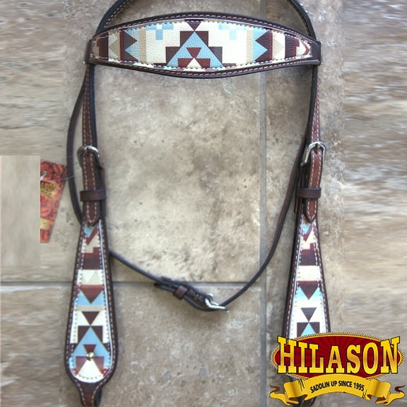 Hilason Western Horse Headstall American Leather Brown Aztec Painted