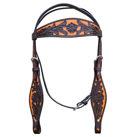 Hilason Western Horse Headstall Bridle American Leather Dark Brown w/ Orange Inlay