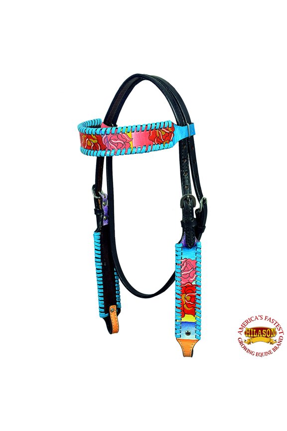 Western Horse Headstall Bridle American Leather Hand Painted Rose