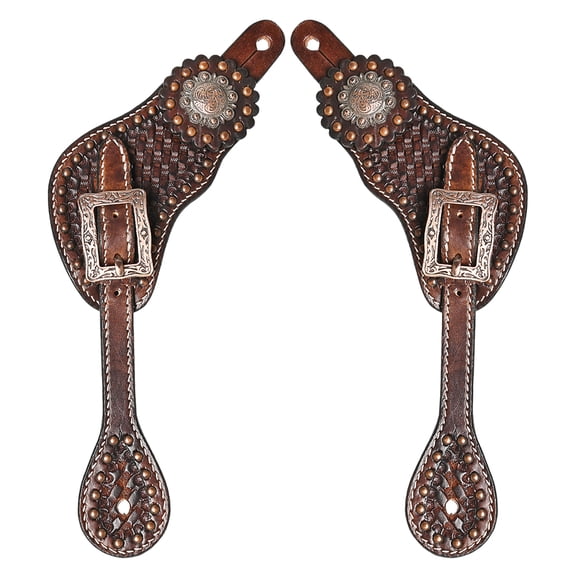 Hilason Western Leather Spur Straps Brown Floral Carving With Concho