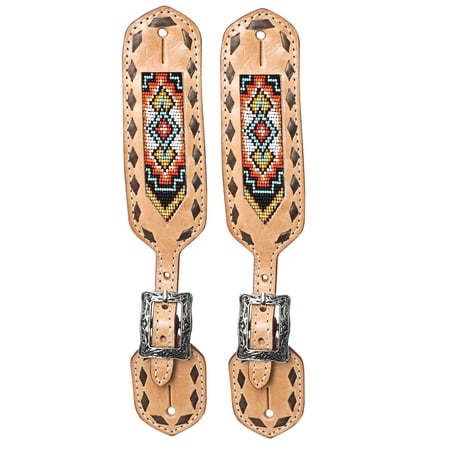 Hilason Western Spur Straps American Genuine Leather Tan Beaded Inlay