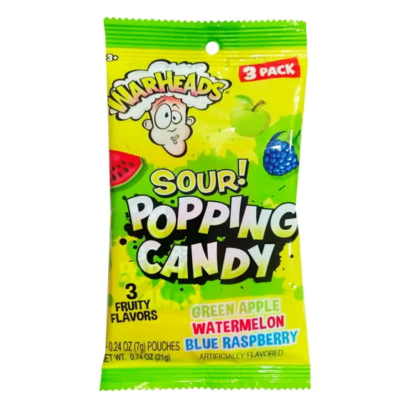 Hilco WarHeads Sour Popping Candy 3 Pack Bag, 3 Fruity Flavors - 3 Packs