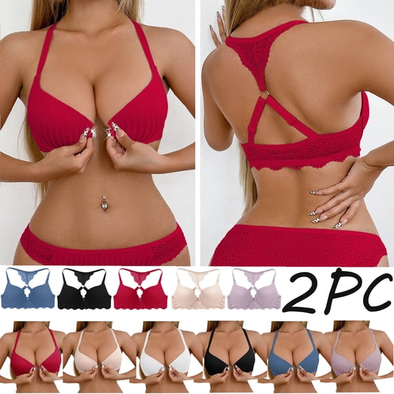 Hilenly 2PC Racerback Bras for Women Wireless Push Up Bra No Underwire Lace Front Closure Bras