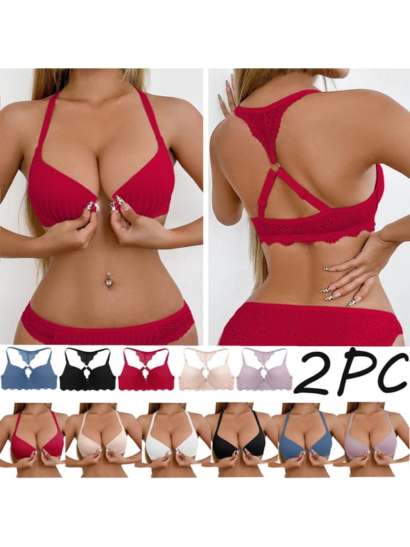 2PC Racerback Bras for Women Wireless Push Up Bra No Underwire Lace Front Closure Bras