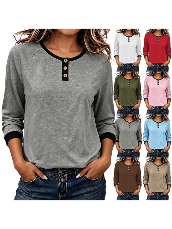 3/4 Length Sleeve Womens Tops Raglan Sleeve Henley Shirts Color Block Crew Neck T Shirts