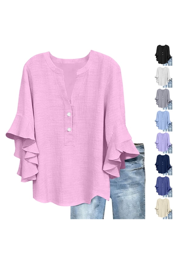 Boho Tops for Women 3/4 Ruffle Sleeve Blouse V Neck Cotton Linen Shirts Tunic Shirts