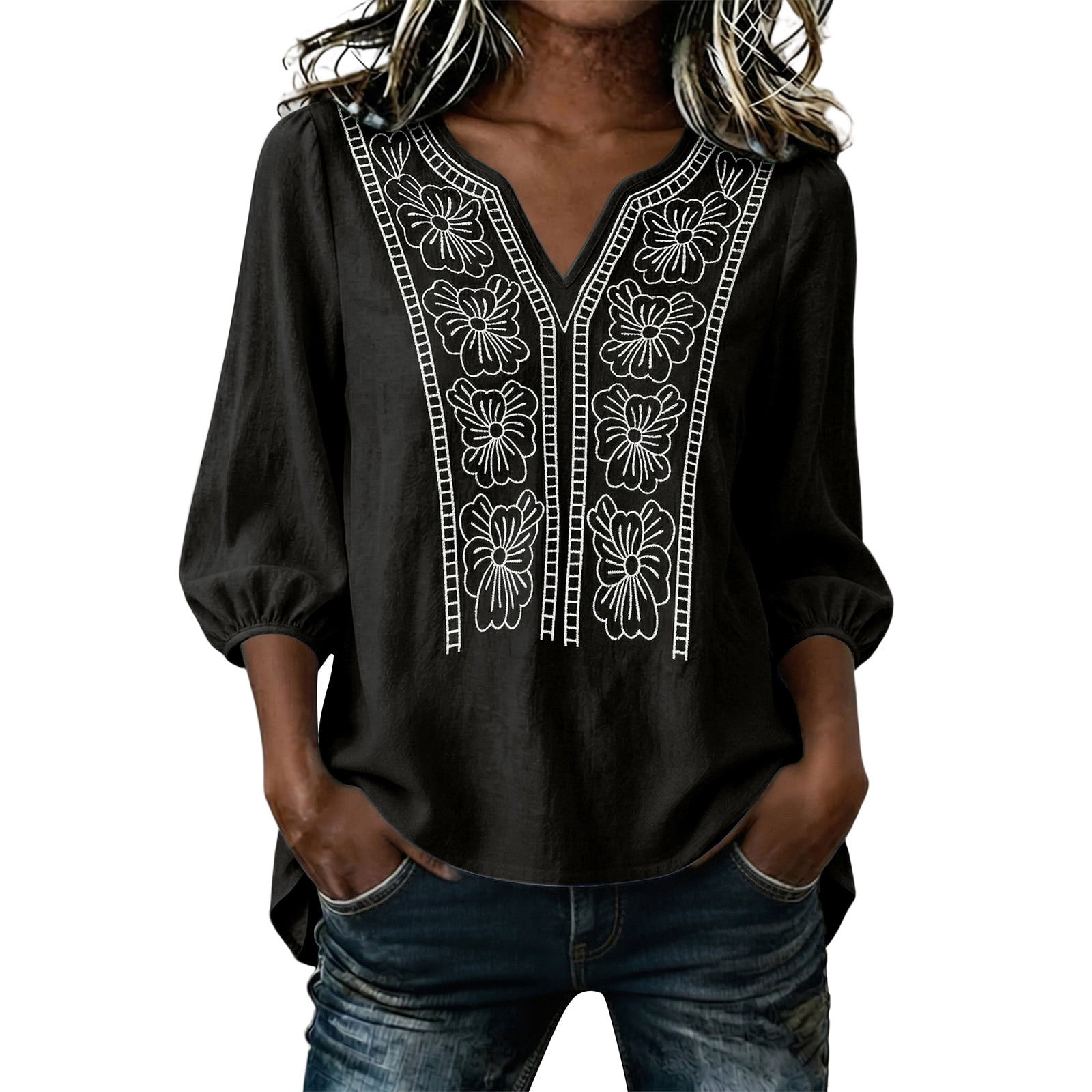 Hilenly Boho Tops for Women 3/4 Sleeve Embroidered Cotton Linen Shirts ...