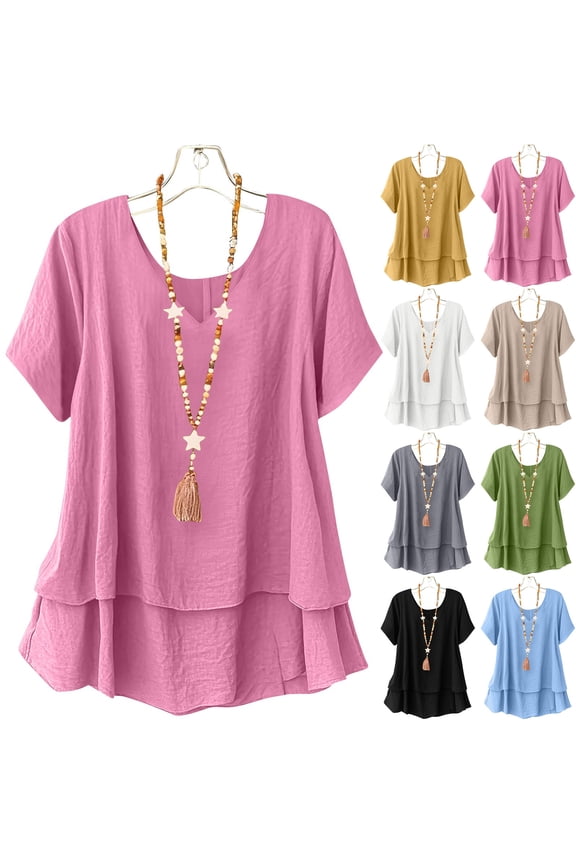 Boho Tops for Women Short Sleeve V Neck Shirt Double Layer Flowy Blouse Tunic Tops