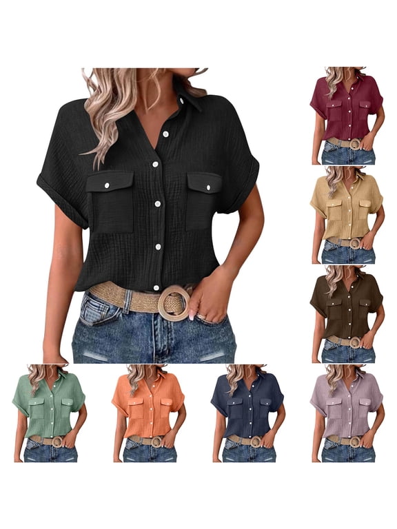 Cotton Button Down Shirts for Women Short Sleeve Textured Collared Tops Lapel V Neck Western Shirts
