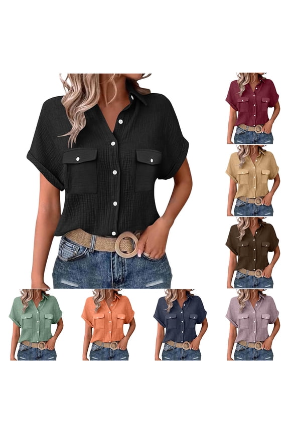Cotton Button Down Shirts for Women Short Sleeve Textured Collared Tops Lapel V Neck Western Shirts