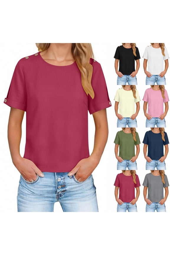 Cotton Linen Shirts for Women Short Sleeve Crewneck T Shirt Solid Color Basic Tees