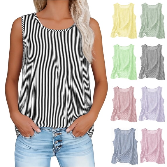 Hilenly Crop Tank Tops for Women Sleeveless Crewneck Striped Shirt Loose Fit Cotton Summer Basic Tees