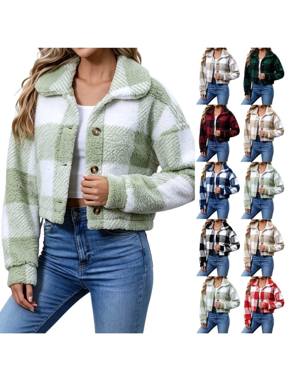 Cropped Flannel Jacket Women Fleece Button Down Crop Plaid Shacket Lapel Collar Sherpa Fall Jackets Winter Coats