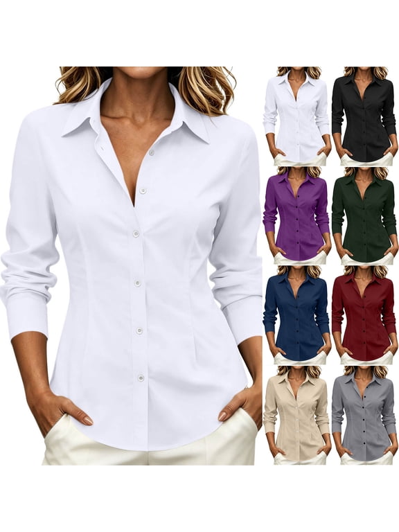 Dress Shirts for Women Long Sleeve Fitted Button Down Shirts Stretchy Work Blouses Business Casual Tops