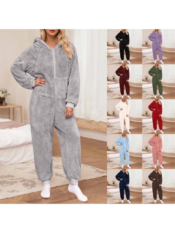 Fleece Onesie Pajamas for Women Fuzzy Sherpa Hooded Romper One Piece Winter Sleepwear Flannel Pajama Jumpsuit
