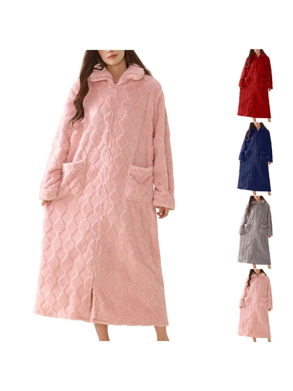 Fluffy Robes for Women Long Zip Up Fuzzy Robe Turn Down Collar Fleece House Coat Lounge Dress with Pockets