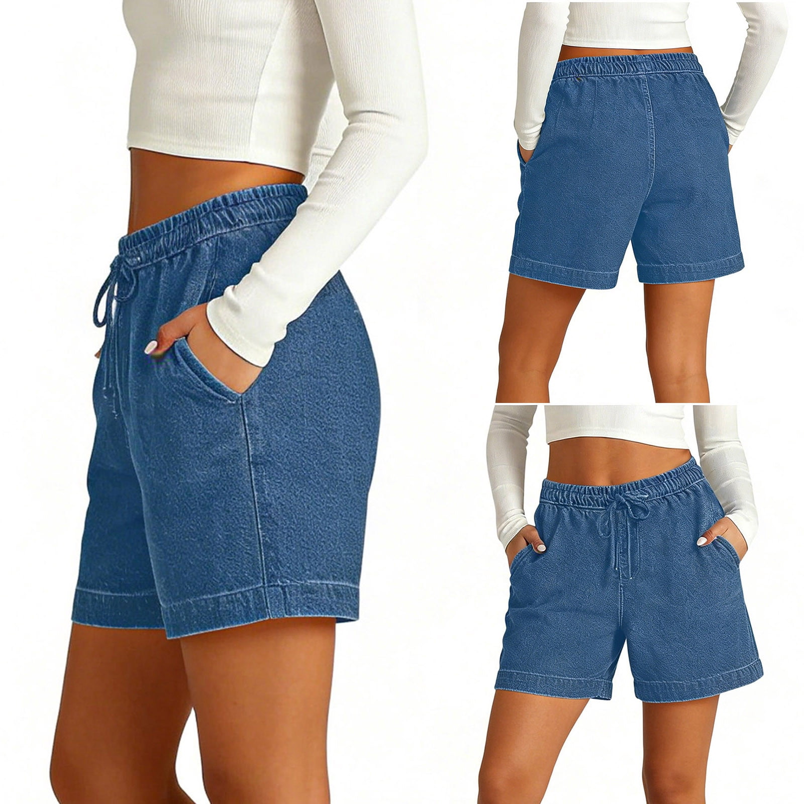 Hilenly Jean Shorts for Women High Waisted Pull On Drawstring Elastic ...