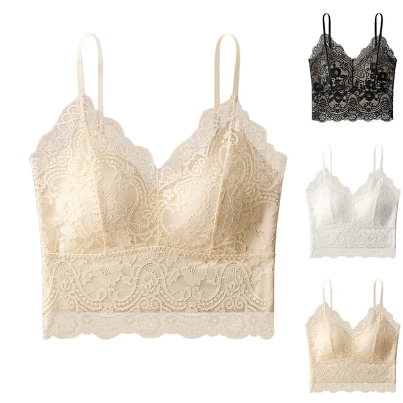 Hilenly Lace Tank Tops for Women Cropped Camisole with Built in Bra Lace Bralette Crop Cami Top
