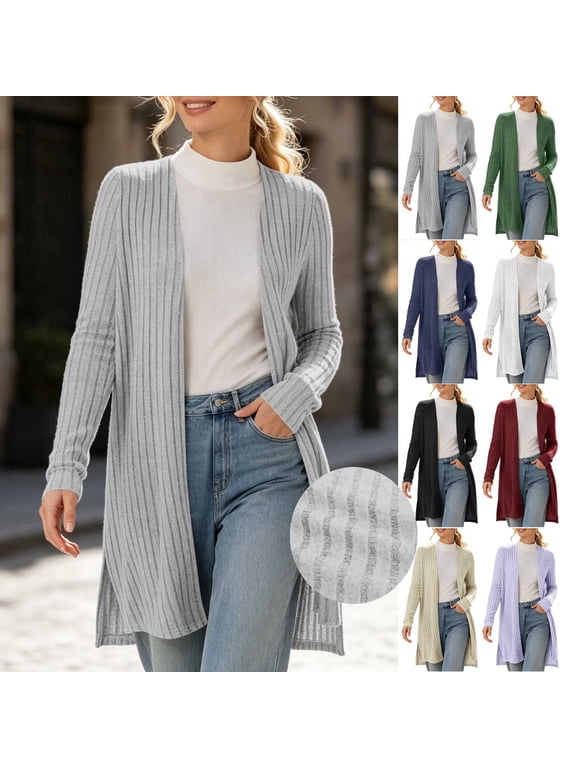 Long Cardigans for Women Open Front Ribbed Knit Cardigan Side Split Lightweight Cardigan Sweaters