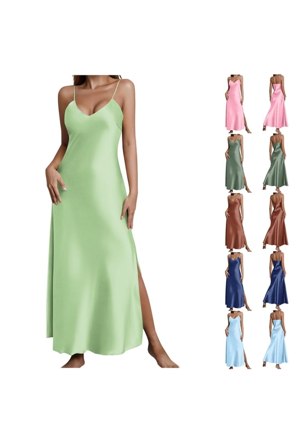 Long Satin Slip Dress for Women Soft V Neck Silk Nightgown Spaghetti Strap Silky Long Nightdress Side Split