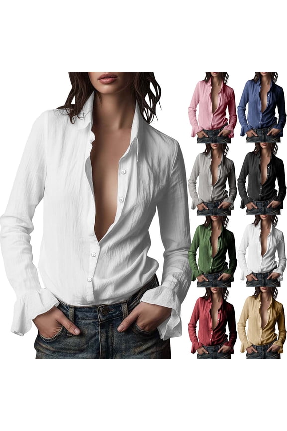 Long Sleeve Button Down Shirt for Women Retro Ruffle Sleeve Cotton Linen Shirts Renaissance Peasant Blouse