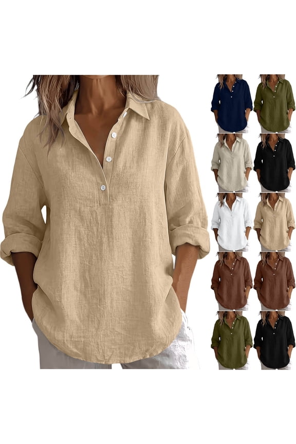Long Sleeve Linen Tops for Women Collared V Neck Shirts Work Blouse Button Down Henley Shirt