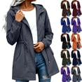 thumbnail image 1 of Hilenly Long Waterproof Rain Jacket Women Hooded Trench Coat Drawstring Waisted Rain Coats Windbreaker Jackets with Pockets, 1 of 8
