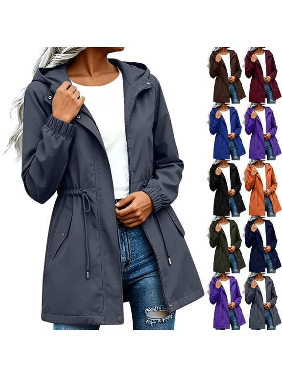 Long Waterproof Rain Jacket Women Hooded Trench Coat Drawstring Waisted Rain Coats Windbreaker Jackets with Pockets