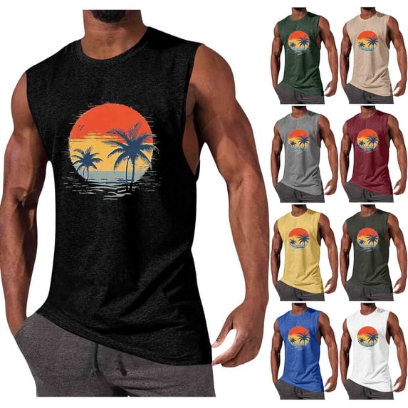 Hilenly Mens Beach Tank Tops Summer Graphic Palm Tree Sleeveless Shirts Vacation Gym Running Workout Tank Top