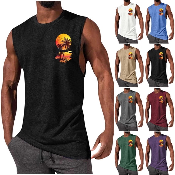 Hilenly Mens Graphic Tank Tops Sleeveless Palm Tree Hawaiian Shirts Beach Gym Muscle Workout Tops