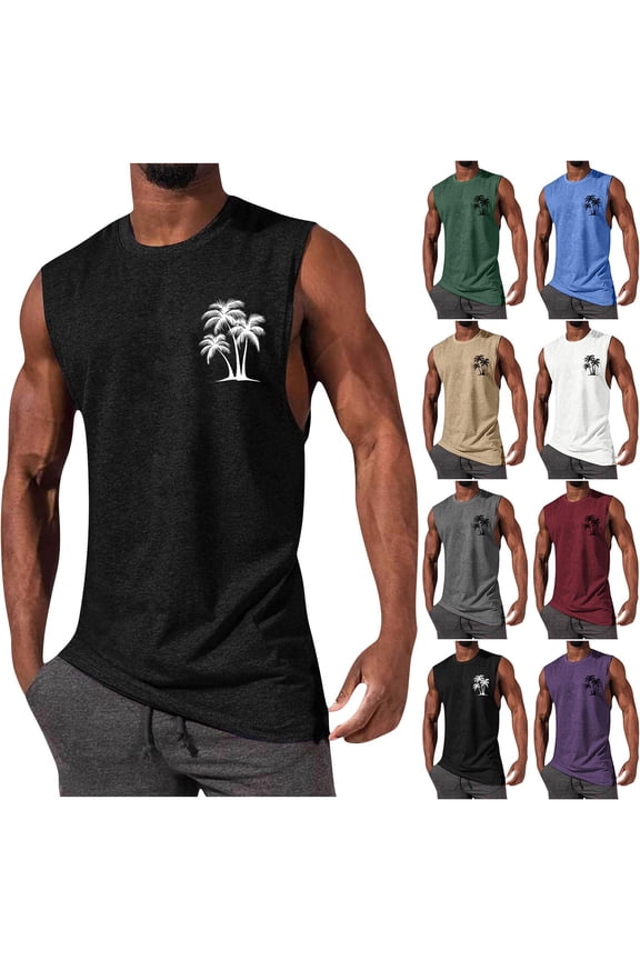 Mens Summer Beach Tank Top Sleeveless Hawaiian Palm Tree Graphic Tees Muscle Shirts Vacation Tops