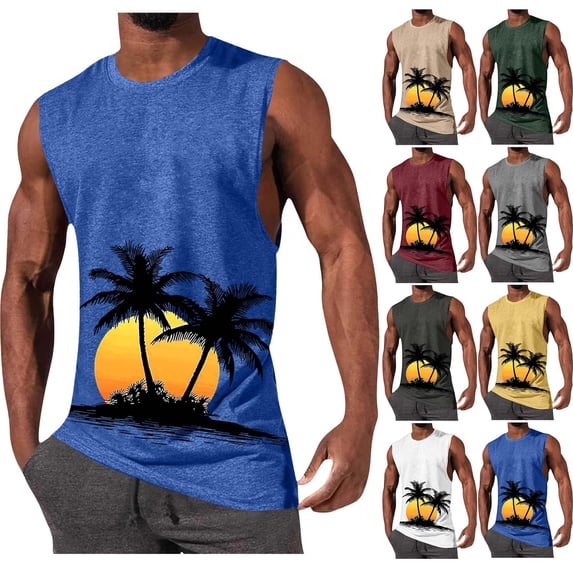 Hilenly Mens Summer Beach Tank Top Tropical Hawaiian Palm Tree Print Sleeveless Shirts Muscle Tee Vacation Shirts