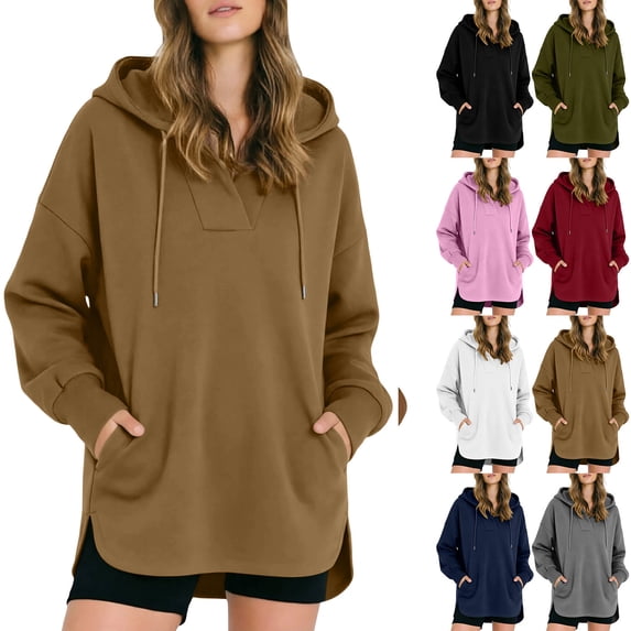 Hilenly Oversized Hoodies for Women Side Split Drawstring V Neck Hoodie Tunic Sweatshirts with Pockets