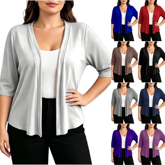 Hilenly Plus Size Cardigans for Women 3/4 Sleeve Open Front Cropped Cardigan Lightweight Bolero Shrugs