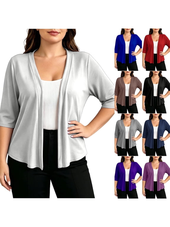 Plus Size Cardigans for Women 3/4 Sleeve Open Front Cropped Cardigan Lightweight Bolero Shrugs