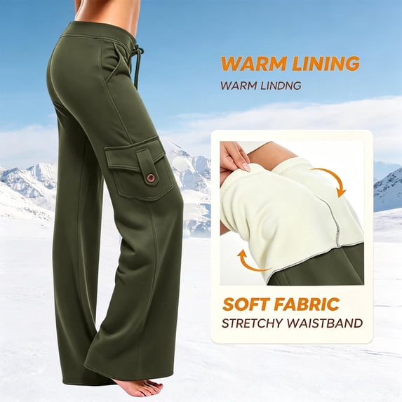 Hilenly Plus Size Cargo Pants Women Baggy Wide Leg Fleece Lined Pants Drawstring Waisted Y2k Low Rise Flare Pants with Pockets