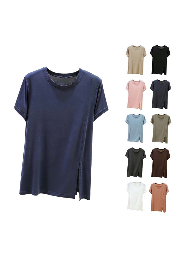 Plus Size Modal Cotton Tops for Women Short Sleeve Crewneck T-Shirts Side Split Soft Basic Tees