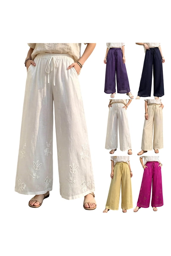 Plus Size Palazzo Pants for Women Embroidered Boho Linen Pants Summer Beach Wide Leg Pants Resort Wear