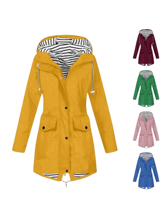 Raincoat Women Waterproof Long Hooded Trench Coats Lined Windbreaker Travel Jacket with Pockets