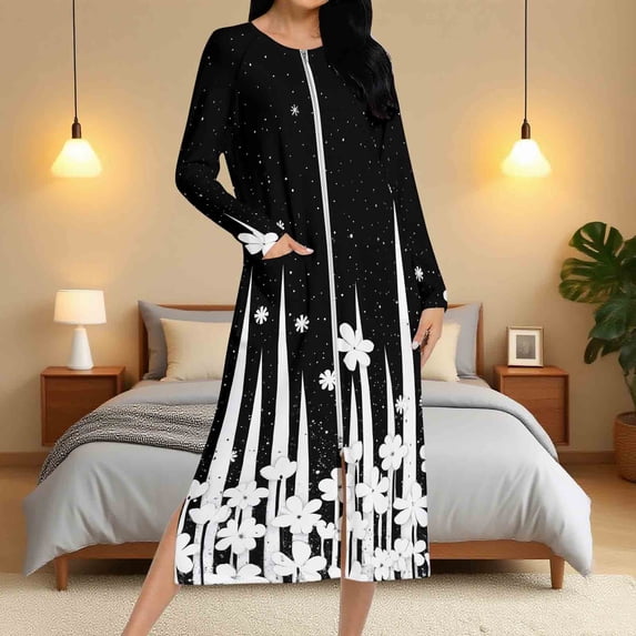 Hilenly Robes for Women Full Length Zip Up House Coats Long Sleeve Floral Night Gowns Zipper Front Bathrobe with Pockets