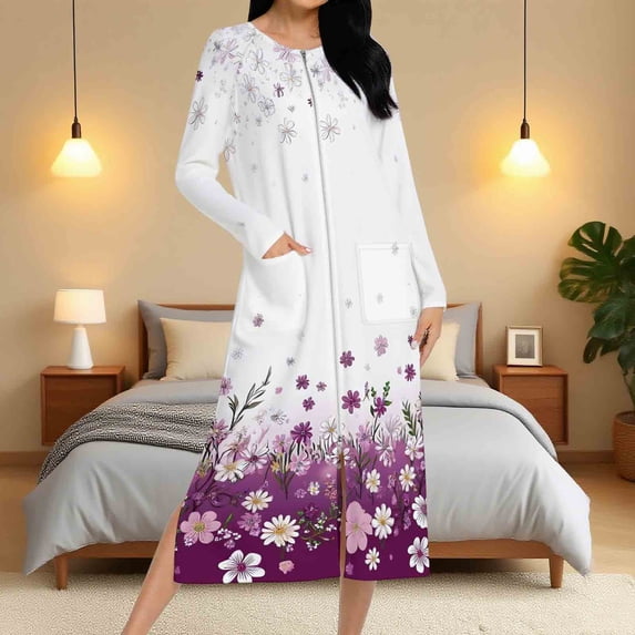 Hilenly Robes for Women Full Length Zip Up House Coats Long Sleeve Floral Night Gowns Zipper Front Bathrobe with Pockets
