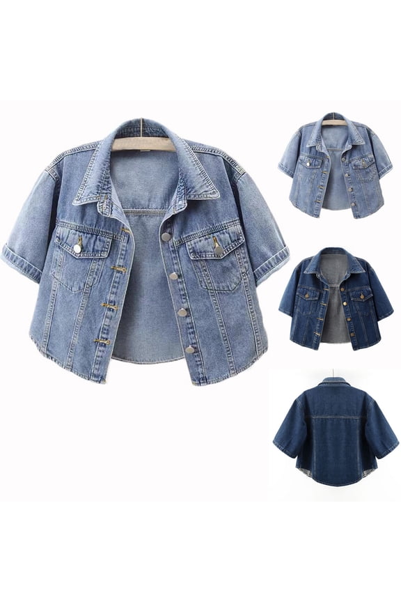 Short Sleeve Jean Jacket Women Button Down Washed Cropped Denim Jacket