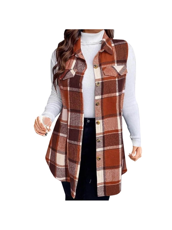Sleeveless Flannel Shirt Women Plus Size Botton Down Plaid Vest Fall Outwear Vest